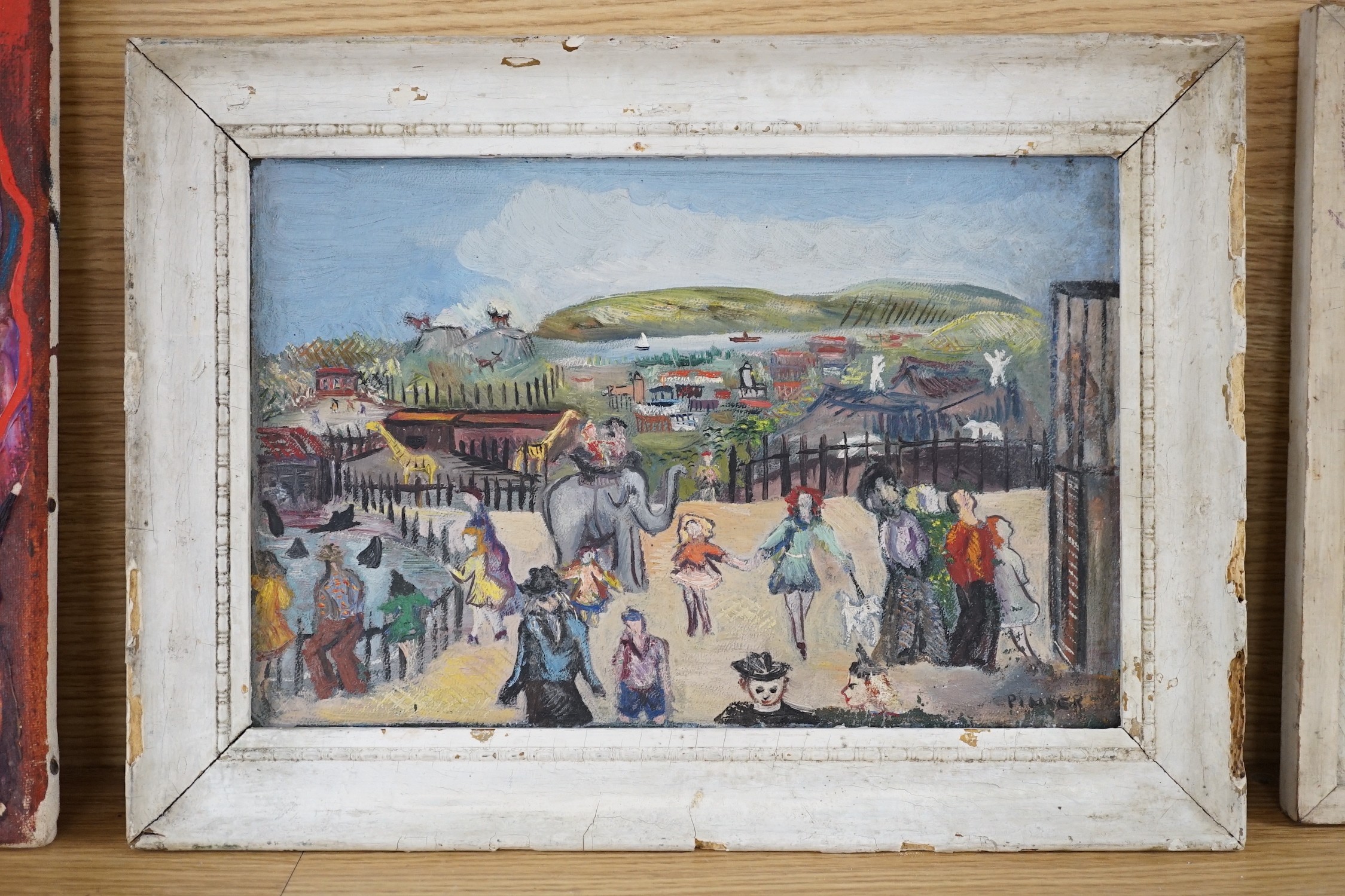Pinder, oil on canvas laid on board, 'At The Zoo', signed, 19 x 29cm
